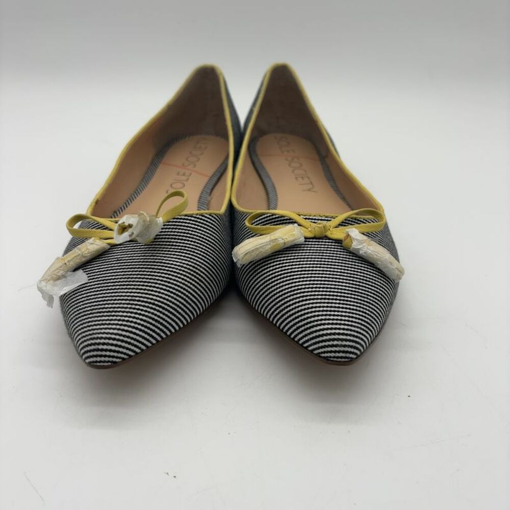 Sole Society Black and White Striped Pointed Toe Flats with Yellow Trim